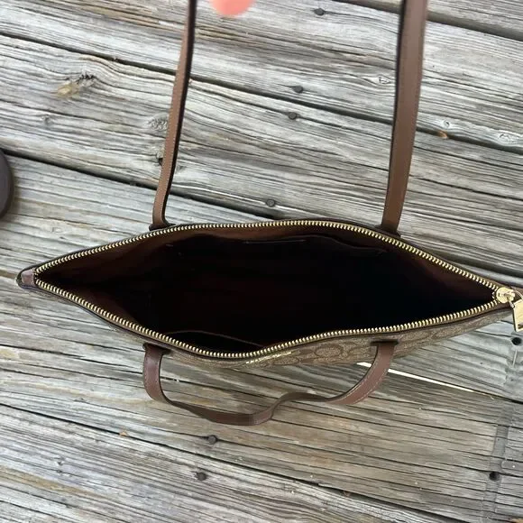 Coach Brown Coated Canvas Zip Top Tote Bag 4455 Leather - Picture 4 of 8